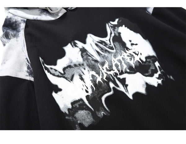Punk Letter Tie Dye Printed Patchwork Hoodie Men Casual Hip Hop Hipster High Street Oversize Pullover Couple Streetwear