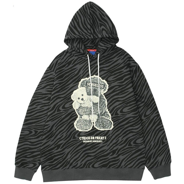 Zebra Striped Furry Cartoon Bear Printed Hoodie Men Vintage Fashion High Street Casual Baggy Pullover Couple Streetwear