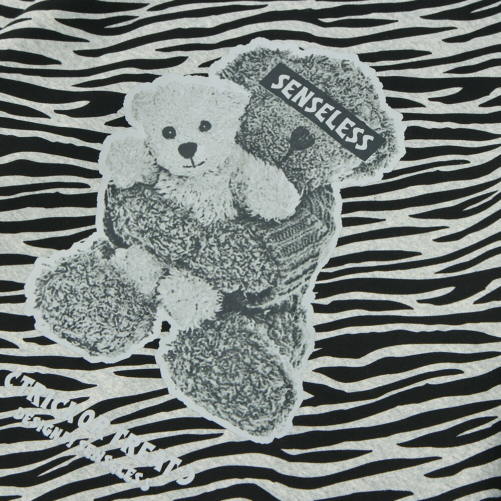Zebra Striped Furry Cartoon Bear Printed Hoodie Men Vintage Fashion High Street Casual Baggy Pullover Couple Streetwear