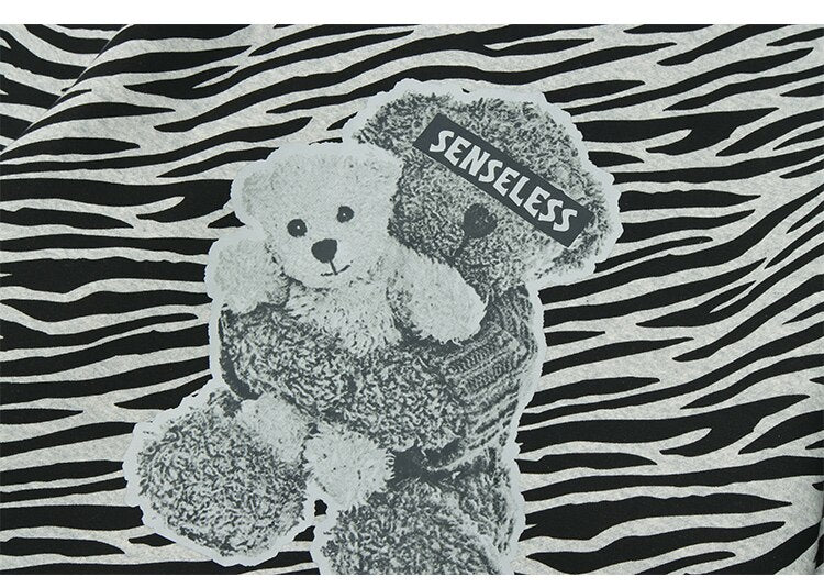 Zebra Striped Furry Cartoon Bear Printed Hoodie Men Vintage Fashion High Street Casual Baggy Pullover Couple Streetwear