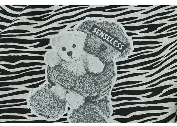 Zebra Striped Furry Cartoon Bear Printed Hoodie Men Vintage Fashion High Street Casual Baggy Pullover Couple Streetwear