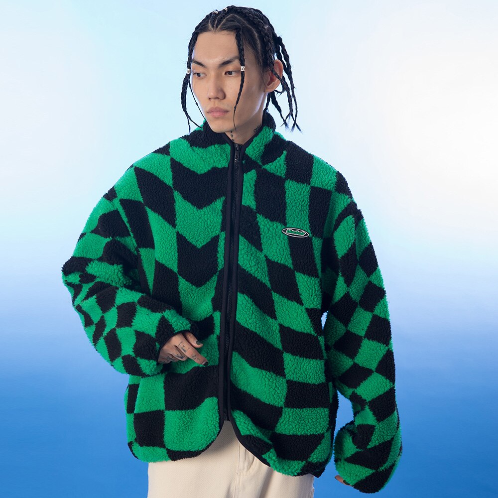 Lambswool Jacket Men Plaid Print Zipper Warm Coats Winter Soft Cozy High Street Fashion Simple Casual Oversized Outwear