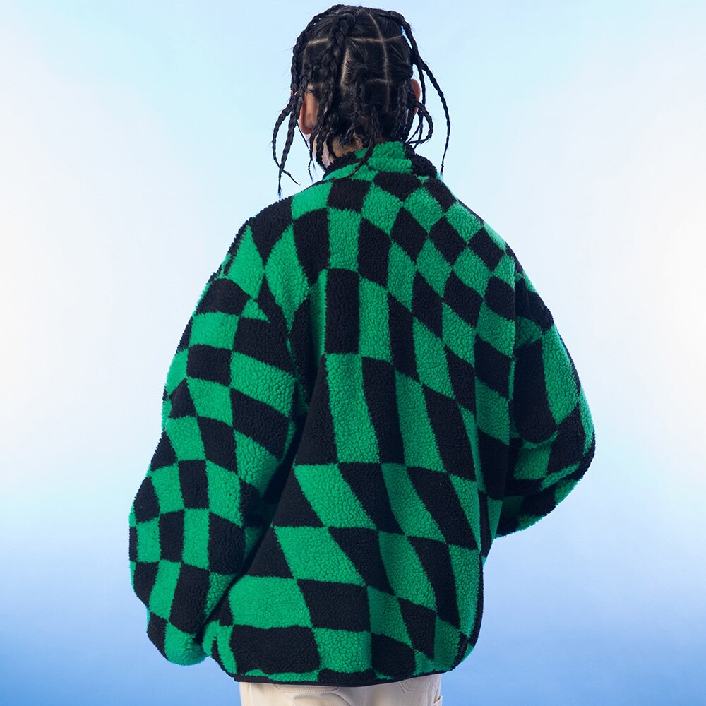 Lambswool Jacket Men Plaid Print Zipper Warm Coats Winter Soft Cozy High Street Fashion Simple Casual Oversized Outwear