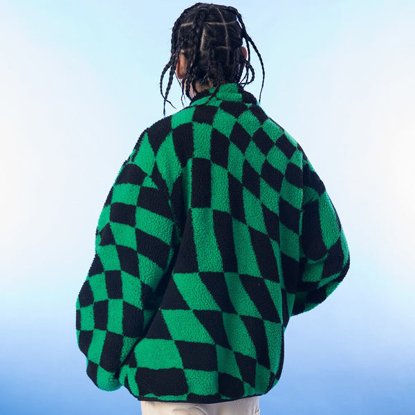 Lambswool Jacket Men Plaid Print Zipper Warm Coats Winter Soft Cozy High Street Fashion Simple Casual Oversized Outwear