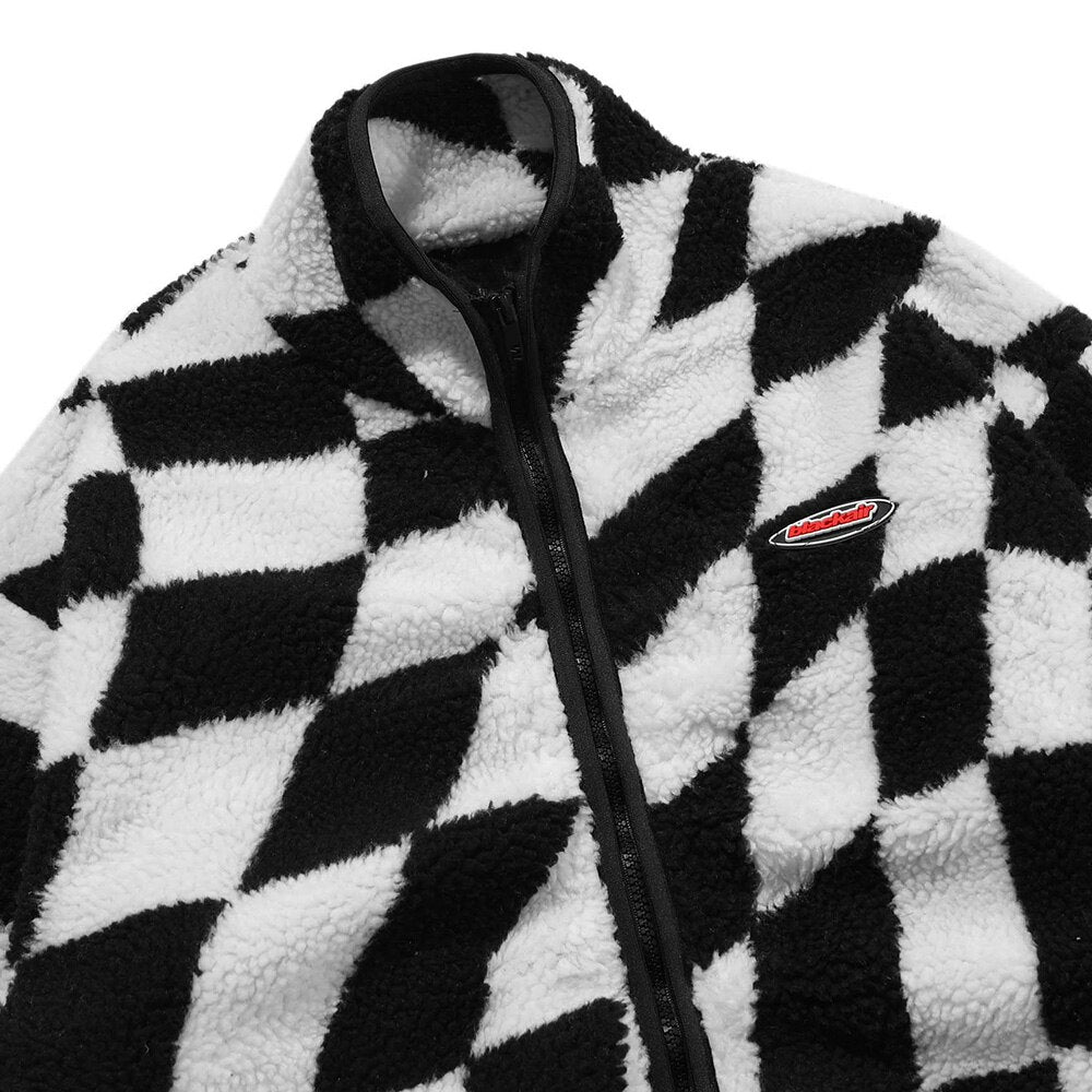 Lambswool Jacket Men Plaid Print Zipper Warm Coats Winter Soft Cozy High Street Fashion Simple Casual Oversized Outwear