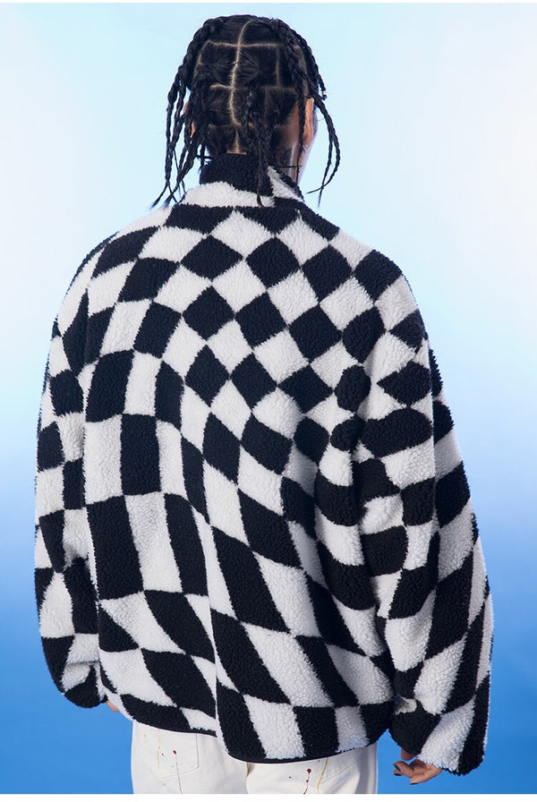 Lambswool Jacket Men Plaid Print Zipper Warm Coats Winter Soft Cozy High Street Fashion Simple Casual Oversized Outwear