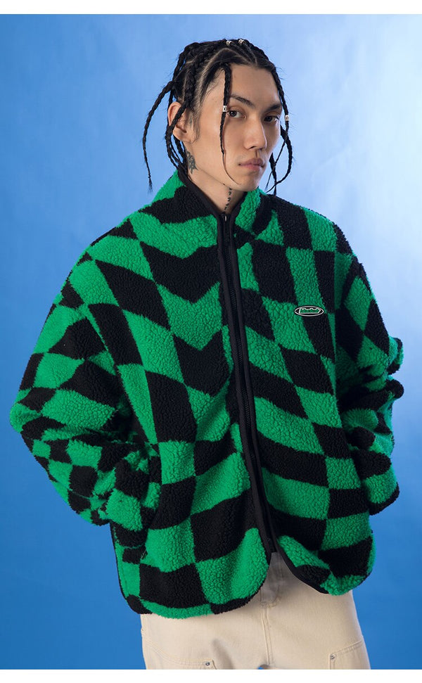 Lambswool Jacket Men Plaid Print Zipper Warm Coats Winter Soft Cozy High Street Fashion Simple Casual Oversized Outwear