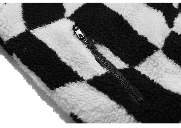 Lambswool Jacket Men Plaid Print Zipper Warm Coats Winter Soft Cozy High Street Fashion Simple Casual Oversized Outwear