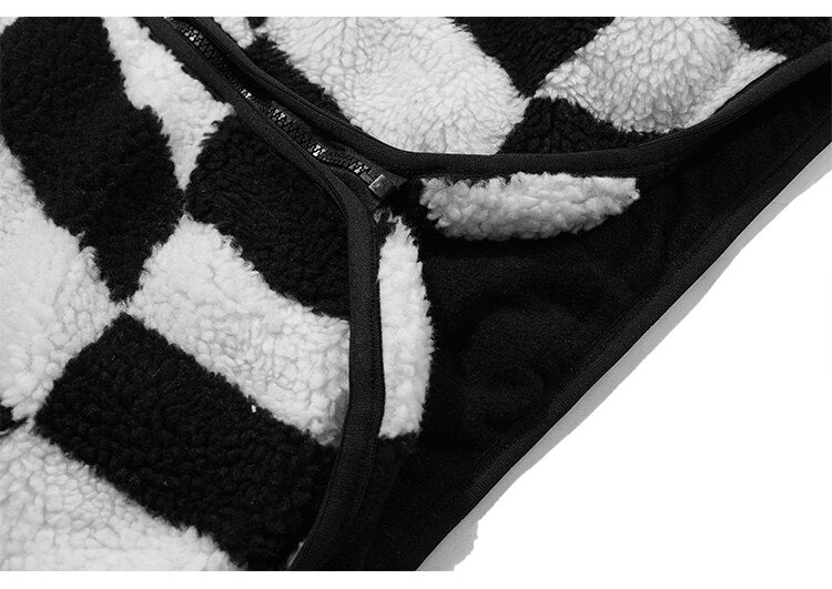 Lambswool Jacket Men Plaid Print Zipper Warm Coats Winter Soft Cozy High Street Fashion Simple Casual Oversized Outwear