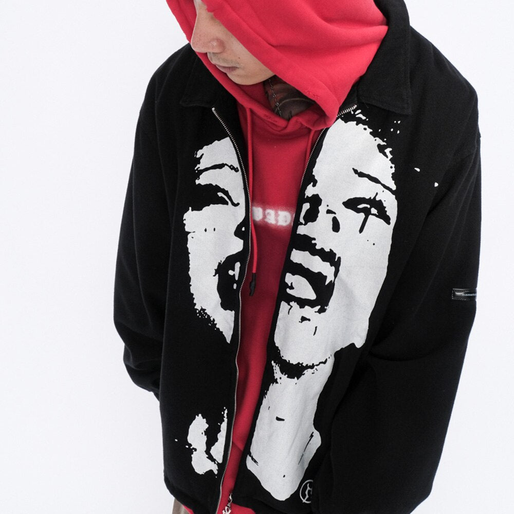 Jacket Men Hipster Portrait Turn-down Coat Punk Fashion Cool Hip Hop Jackets Oversize Varsity Outwear Couple Streetwear