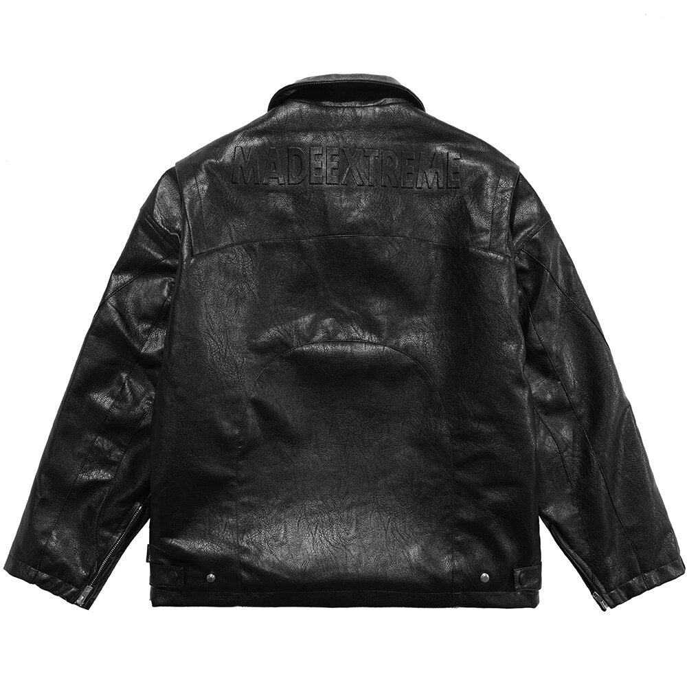Thick Leather Parkas Men Letter Zipper Pockets Motorcycle Jacket Winter Men Loose Fashion Punk All-match Outwear Unisex