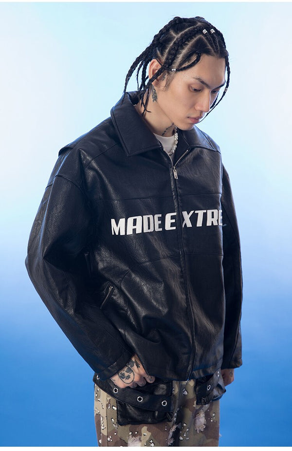 Thick Leather Parkas Men Letter Zipper Pockets Motorcycle Jacket Winter Men Loose Fashion Punk All-match Outwear Unisex