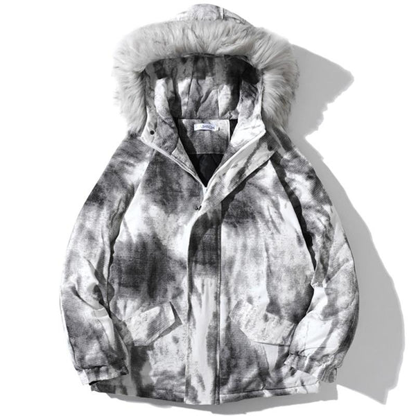 Parkas Winter Jacket Men Distressed Tie Dye Inkjet Printed Padded Coats Jackets Casual Warm Harajuku Fashion Streetwear