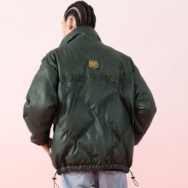 Windproof Leather Parkas Coats Embroidery Winter Jacket Men Solid Color All-match High Street Drawstring Zipper Outwear