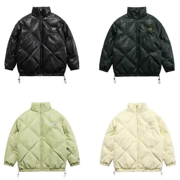 Windproof Leather Parkas Coats Embroidery Winter Jacket Men Solid Color All-match High Street Drawstring Zipper Outwear