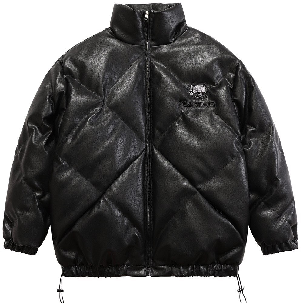 Windproof Leather Parkas Coats Embroidery Winter Jacket Men Solid Color All-match High Street Drawstring Zipper Outwear