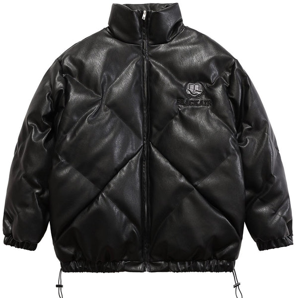Windproof Leather Parkas Coats Embroidery Winter Jacket Men Solid Color All-match High Street Drawstring Zipper Outwear
