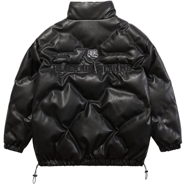 Windproof Leather Parkas Coats Embroidery Winter Jacket Men Solid Color All-match High Street Drawstring Zipper Outwear