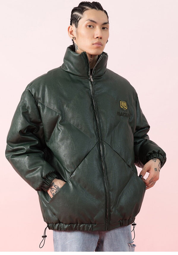 Windproof Leather Parkas Coats Embroidery Winter Jacket Men Solid Color All-match High Street Drawstring Zipper Outwear
