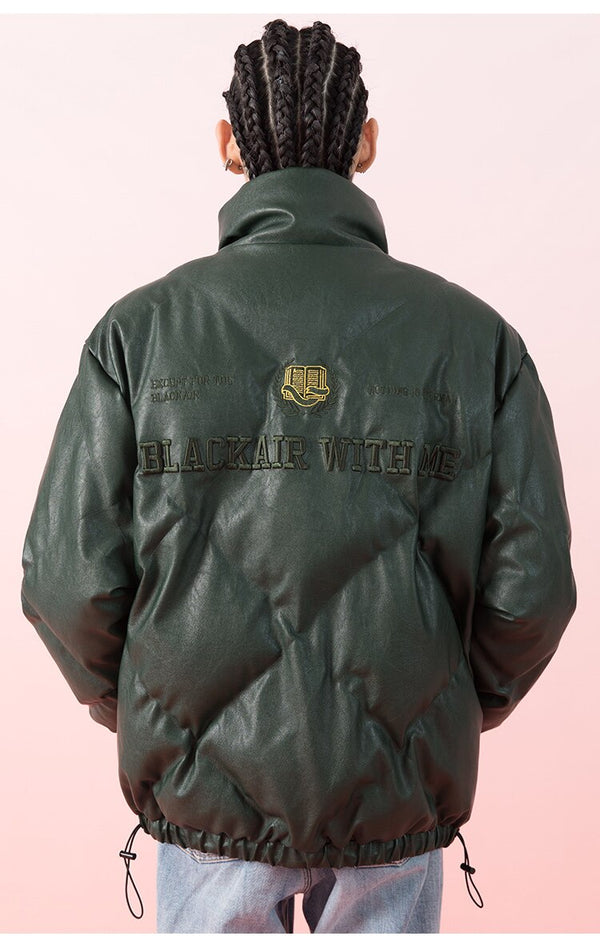 Windproof Leather Parkas Coats Embroidery Winter Jacket Men Solid Color All-match High Street Drawstring Zipper Outwear