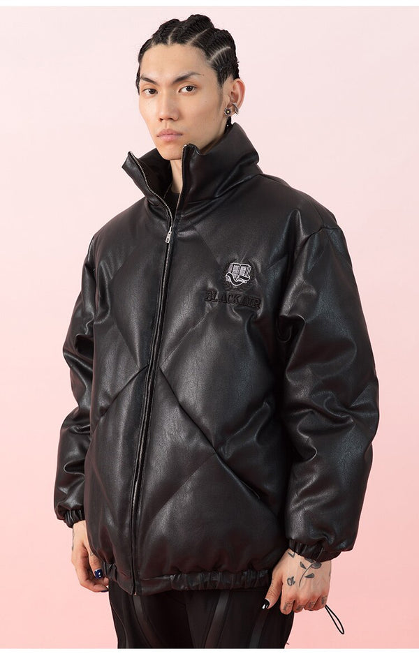 Windproof Leather Parkas Coats Embroidery Winter Jacket Men Solid Color All-match High Street Drawstring Zipper Outwear