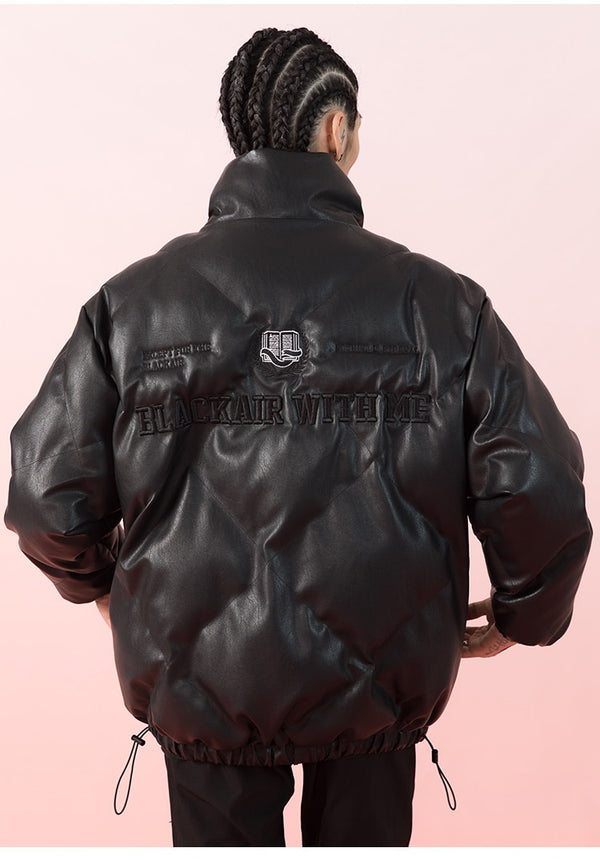 Windproof Leather Parkas Coats Embroidery Winter Jacket Men Solid Color All-match High Street Drawstring Zipper Outwear