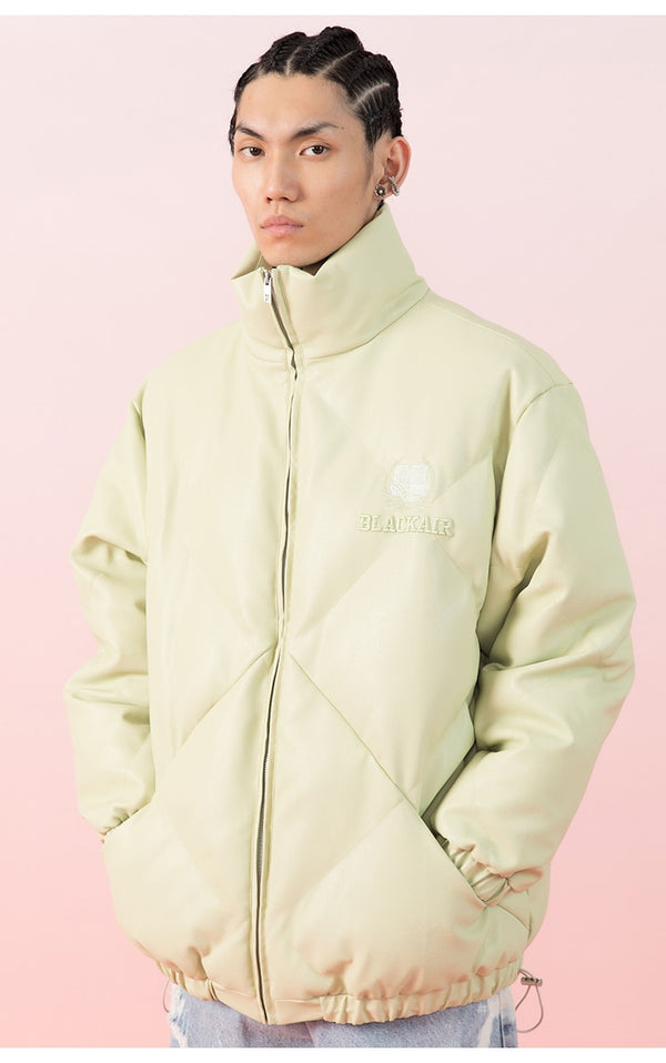 Windproof Leather Parkas Coats Embroidery Winter Jacket Men Solid Color All-match High Street Drawstring Zipper Outwear