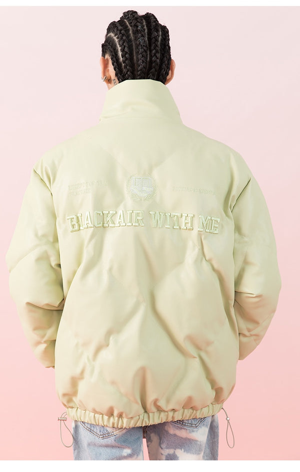 Windproof Leather Parkas Coats Embroidery Winter Jacket Men Solid Color All-match High Street Drawstring Zipper Outwear