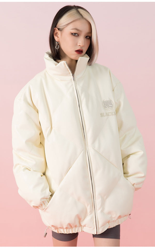 Windproof Leather Parkas Coats Embroidery Winter Jacket Men Solid Color All-match High Street Drawstring Zipper Outwear