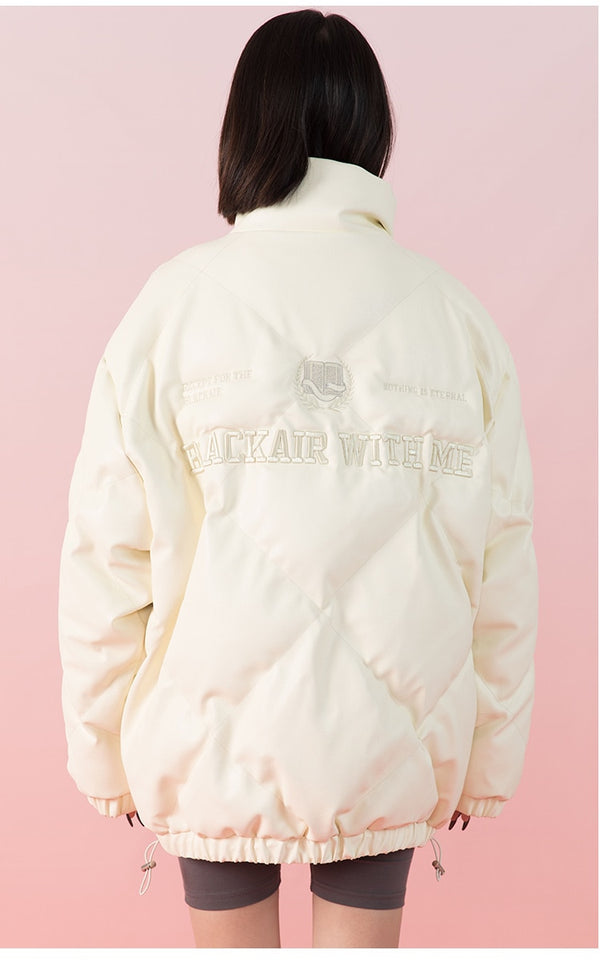Windproof Leather Parkas Coats Embroidery Winter Jacket Men Solid Color All-match High Street Drawstring Zipper Outwear