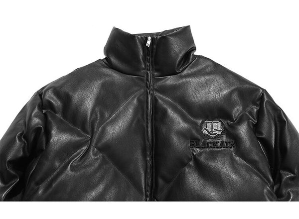 Windproof Leather Parkas Coats Embroidery Winter Jacket Men Solid Color All-match High Street Drawstring Zipper Outwear
