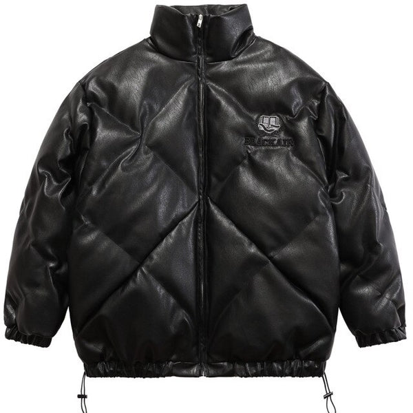 Windproof Leather Parkas Coats Embroidery Winter Jacket Men Solid Color All-match High Street Drawstring Zipper Outwear