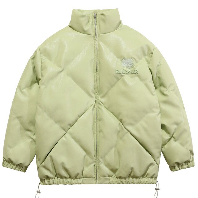 Windproof Leather Parkas Coats Embroidery Winter Jacket Men Solid Color All-match High Street Drawstring Zipper Outwear