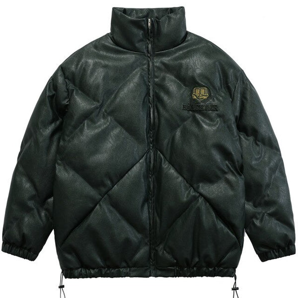 Windproof Leather Parkas Coats Embroidery Winter Jacket Men Solid Color All-match High Street Drawstring Zipper Outwear