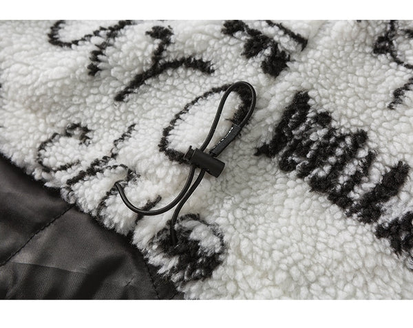 Lambswool Parkas Winter Jacket Men Dinosaur Graffiti Fuzzy Casual Fashion Hip Hop Baggy Oversized Coat Couple Outerwear