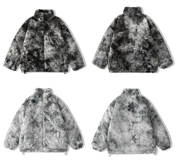 Faux Fur Fleece Winter Jacket Men Tie Dye Printed Fuzzy Jackets Casual Hip Hop Baggy Warm Zipper Coats Couple Outerwear