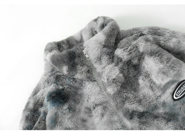 Faux Fur Fleece Winter Jacket Men Tie Dye Printed Fuzzy Jackets Casual Hip Hop Baggy Warm Zipper Coats Couple Outerwear