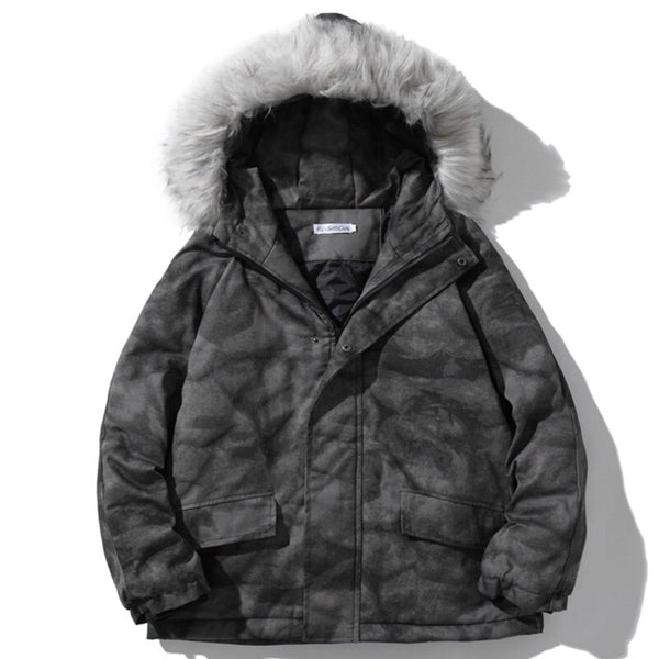 Hooded Parkas Winter Jacket Men Tie Dye Print Cargo Coats Jackets Retro Distressed Fashion Thicken Padded Outerwear Men