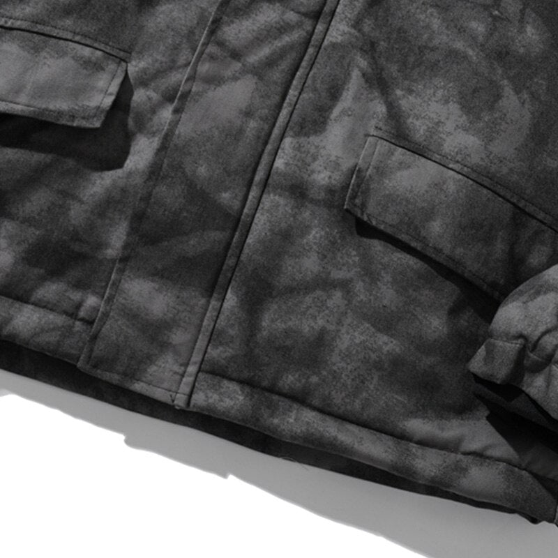 Hooded Parkas Winter Jacket Men Tie Dye Print Cargo Coats Jackets Retro Distressed Fashion Thicken Padded Outerwear Men
