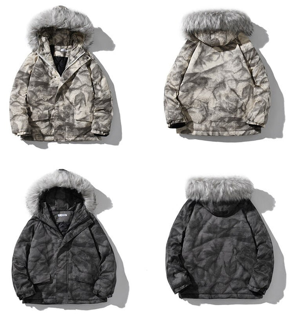 Hooded Parkas Winter Jacket Men Tie Dye Print Cargo Coats Jackets Retro Distressed Fashion Thicken Padded Outerwear Men