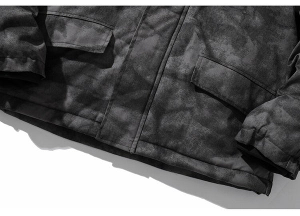 Hooded Parkas Winter Jacket Men Tie Dye Print Cargo Coats Jackets Retro Distressed Fashion Thicken Padded Outerwear Men