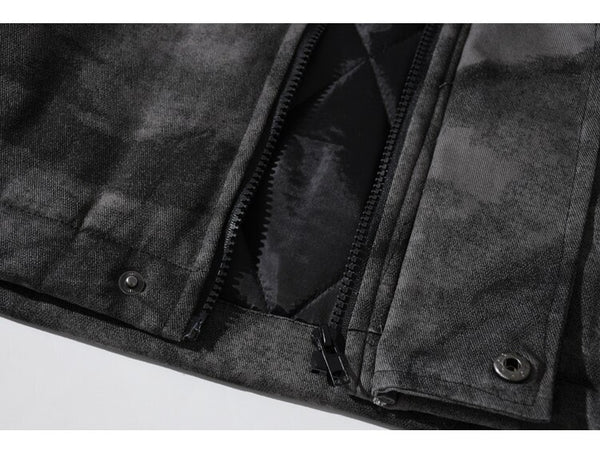 Hooded Parkas Winter Jacket Men Tie Dye Print Cargo Coats Jackets Retro Distressed Fashion Thicken Padded Outerwear Men