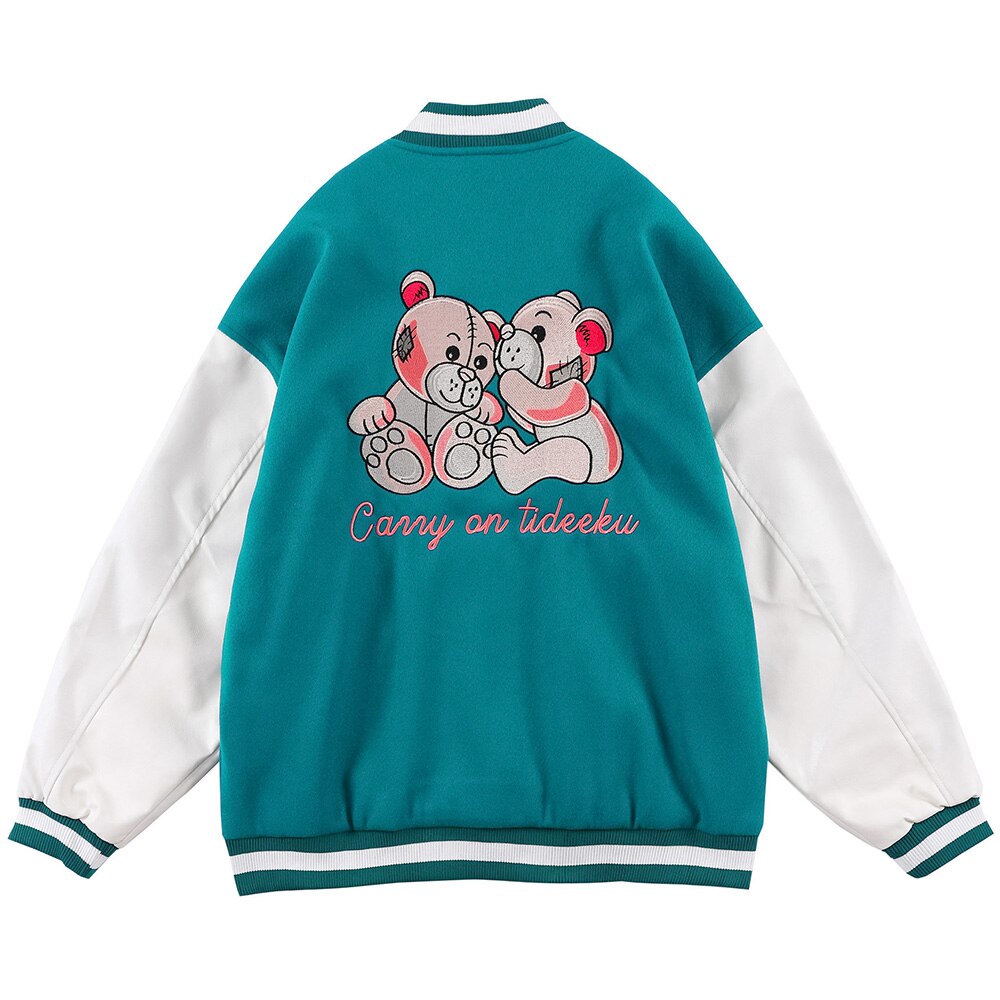 Varsity Jacket Men Bear Embroidery Patchwork Color Bomber Coats Couple Loose High Street Hipster Baseball Jacket Autumn