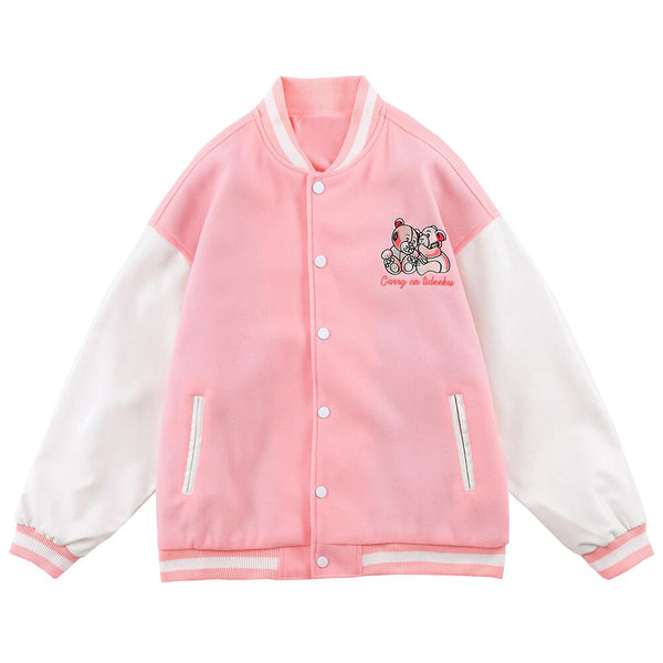 Varsity Jacket Men Bear Embroidery Patchwork Color Bomber Coats Couple Loose High Street Hipster Baseball Jacket Autumn