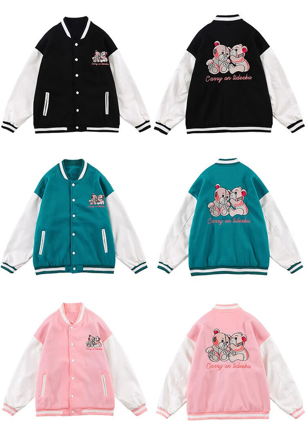 Varsity Jacket Men Bear Embroidery Patchwork Color Bomber Coats Couple Loose High Street Hipster Baseball Jacket Autumn
