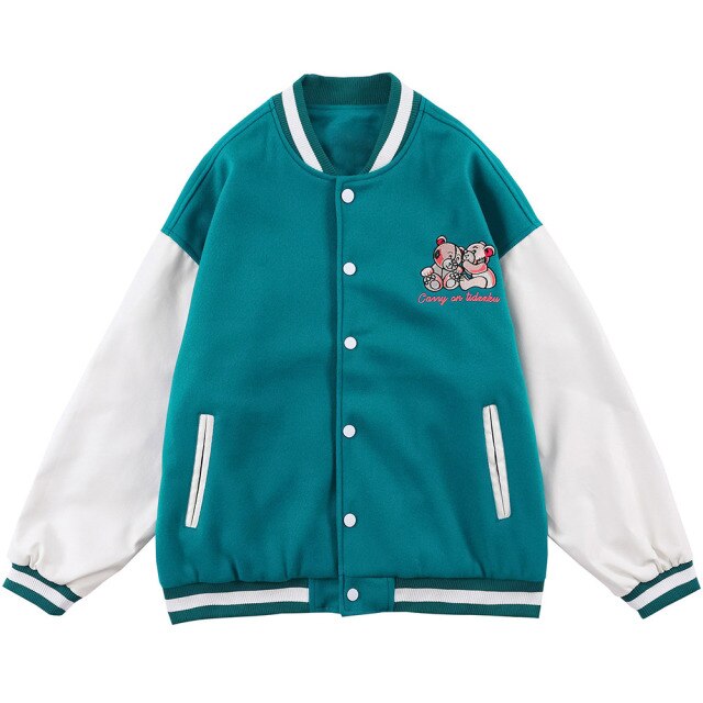Varsity Jacket Men Bear Embroidery Patchwork Color Bomber Coats Couple Loose High Street Hipster Baseball Jacket Autumn