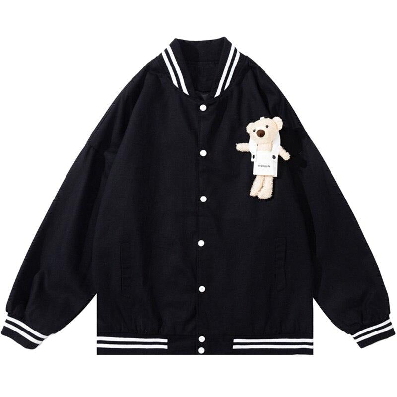 Track Jacket Men Cute Bear Furry Harajuku Letter Patch Varsity Jacket College Style High Street Couple Coat Streetwear