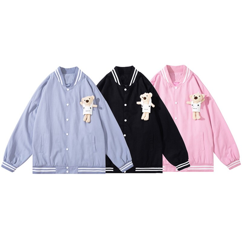 Track Jacket Men Cute Bear Furry Harajuku Letter Patch Varsity Jacket College Style High Street Couple Coat Streetwear