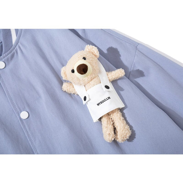 Track Jacket Men Cute Bear Furry Harajuku Letter Patch  Varsity Jacket College Style High Street Couple Coat Streetwear