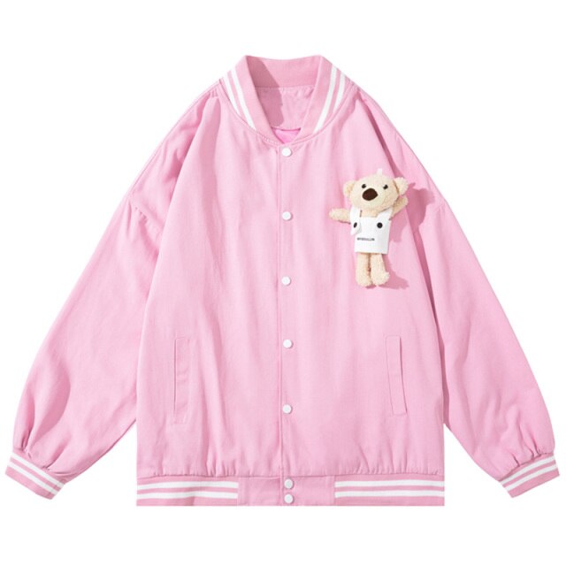 Track Jacket Men Cute Bear Furry Harajuku Letter Patch Varsity Jacket College Style High Street Couple Coat Streetwear
